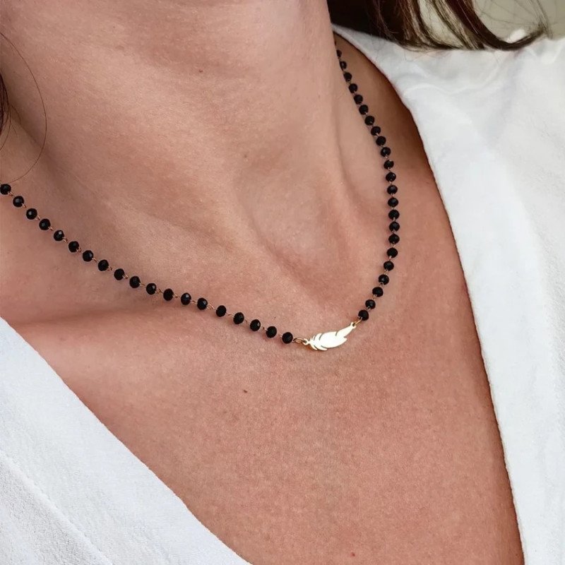 Necklace 'Feather' with Black Pearls, Gold Plated with 14k Gold