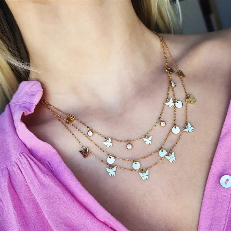 Dreifache Halskette 'Multi Butterfly' Vergoldet mit 14k Gold