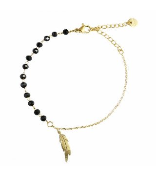 Bracelet 'Feather' avec Perles Noires, Plaqué Or 14k