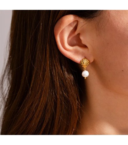 Boucles d'oreilles 'Bohemian Pearl Shell', Plaqué Or 14k