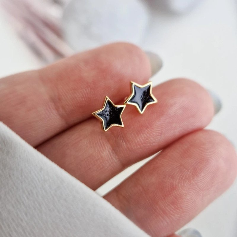 Earrings 'Black Stars' Gold Plated, with Black Accents