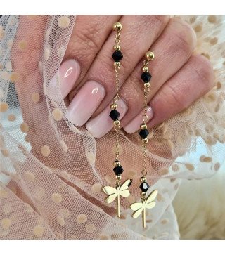 Earrings 'Libellen' with Black Stones and Gold Beads, Gold Plated with 14k Gold