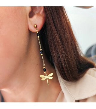 Boucles d'oreilles 'Libellen' avec Pierres Noires et Perles Dorées, Plaqué Or 14k