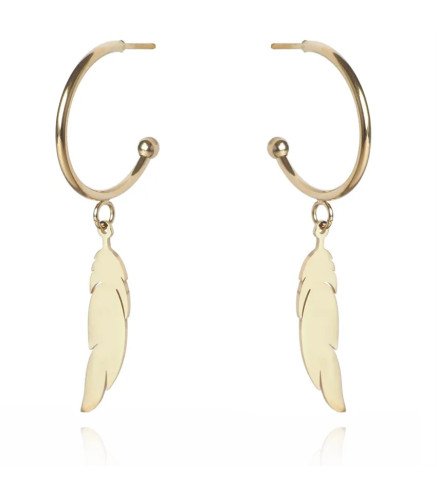 Boucles d'oreilles 'Feather' avec Design de Plume, Plaqué Or 14k