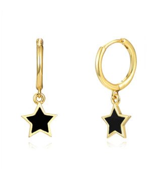 Boucles d'oreilles 'Black Stars on Hoop' avec Étoiles Noires, Plaqué Or 14k