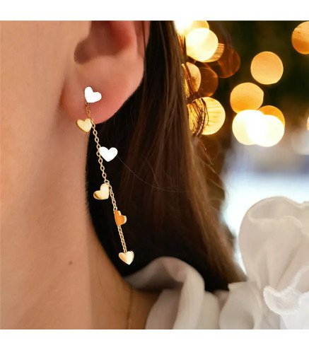 Boucles d'oreilles 'Amor Gold' avec Cœurs Suspendus, Plaqué Or 14k