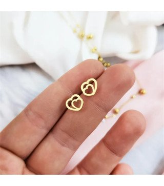 Oorbellen 'Ajour Double Hearts' in de Vorm van Ajour Dubbele Hartjes, Verguld met 14-karaats Goud