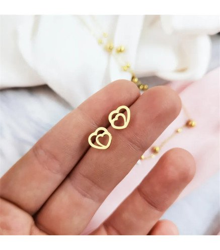 Oorbellen 'Ajour Double Hearts' in de Vorm van Ajour Dubbele Hartjes, Verguld met 14-karaats Goud
