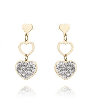 Boucles d'oreilles 'Valenti' avec Doubles Cœurs, Plaqué Or 14k et Effet Diamant