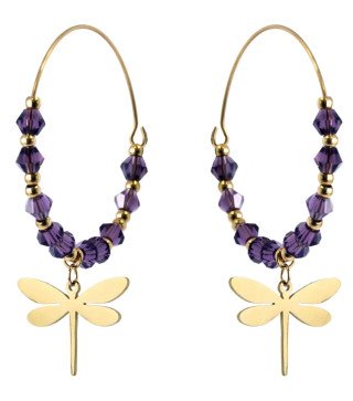 Boucles d'oreilles 'Dragonfly Rings' avec Pierres Violettes et Libellules Dorées, Plaqué Or 14k