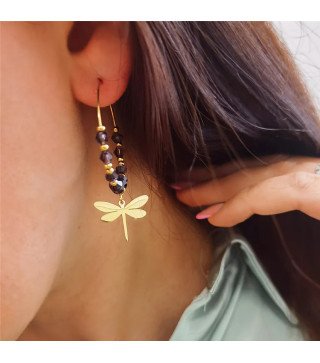 Boucles d'oreilles 'Dragonfly Rings' avec Pierres Violettes et Libellules Dorées, Plaqué Or 14k