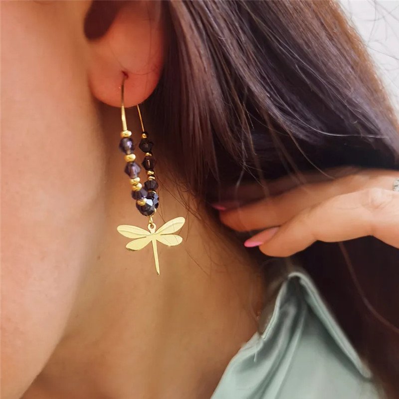 Boucles d'oreilles 'Dragonfly Rings' avec Pierres Violettes et Libellules Dorées, Plaqué Or 14k