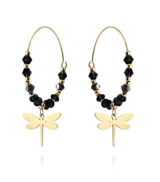 Boucles d'oreilles 'Dragonfly Circles' avec Pierres Noires et Libellules Dorées, Plaqué Or 14k