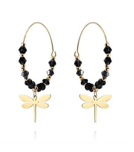 Boucles d'oreilles 'Dragonfly Circles' avec Pierres Noires et Libellules Dorées, Plaqué Or 14k