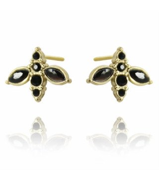 Boucles d'oreilles 'Black Bee' avec Cristaux Noirs, Plaqué Or 14k