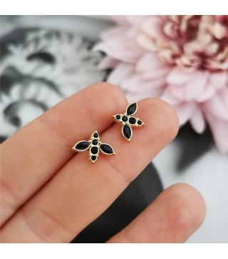 Boucles d'oreilles 'Black Bee' avec Cristaux Noirs, Plaqué Or 14k