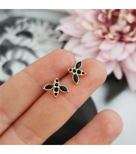 Kolczyki 'Black Bee' z czarnymi kryształami, pozłacane 14k złotem