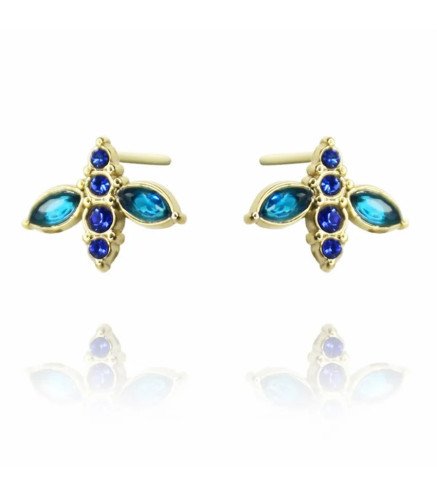 Boucles d'oreilles 'Blue Bee' avec Cristal Bleu, Plaqué Or 14k