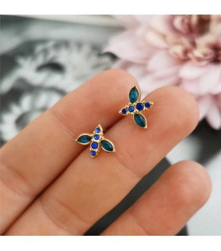 Boucles d'oreilles 'Blue Bee' avec Cristal Bleu, Plaqué Or 14k