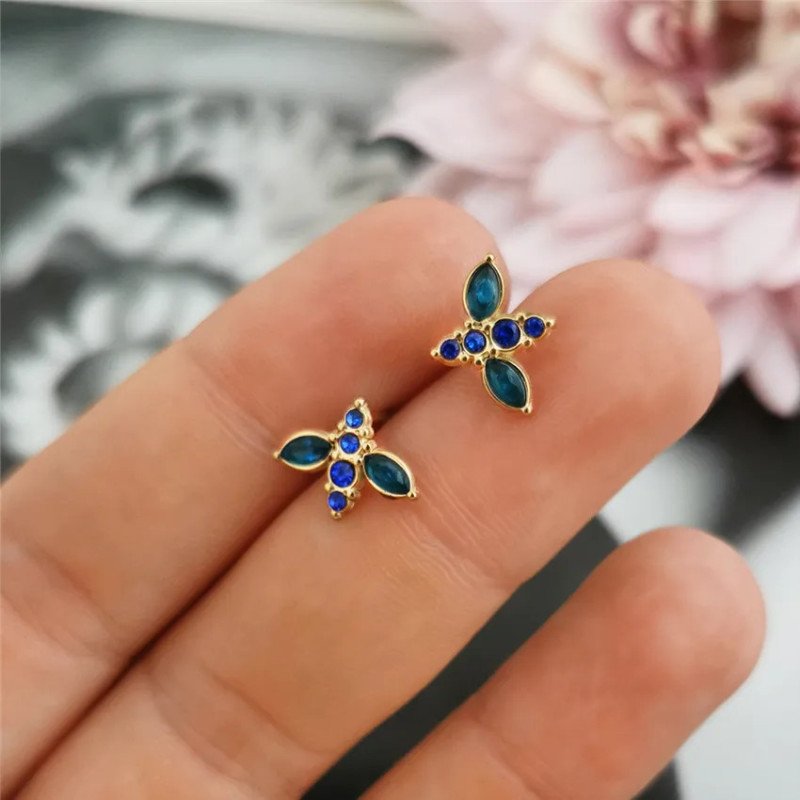 Boucles d'oreilles 'Blue Bee' avec Cristal Bleu, Plaqué Or 14k