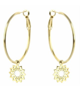 Boucles d'oreilles 'Golden Lotus' avec Motif Lotus en Cercles, Plaqué Or 14k