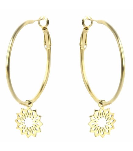 Boucles d'oreilles 'Golden Lotus' avec Motif Lotus en Cercles, Plaqué Or 14k