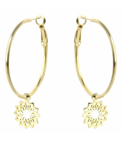 Kolczyki 'Golden Lotus' w kształcie kół z motywem lotosu, pozłacane 14k złotem