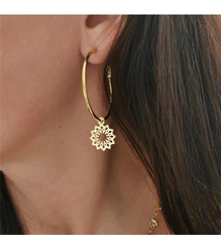 Boucles d'oreilles 'Golden Lotus' avec Motif Lotus en Cercles, Plaqué Or 14k