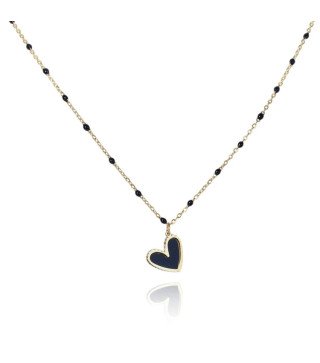 Gold stainless steel necklace gold-plated delicate black heart with beads