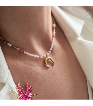 Gold stainless steel necklace with crystal pink happy