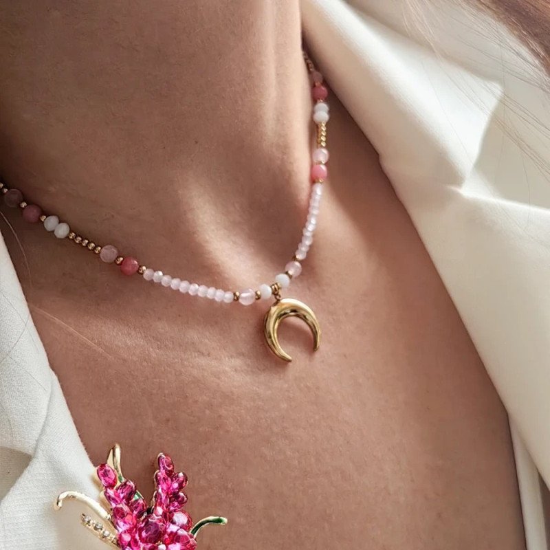 Collier en acier inoxydable doré avec cristal rose happy