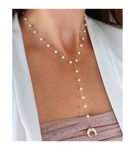 Collier en acier inoxydable avec perles blanches tombantes et lune