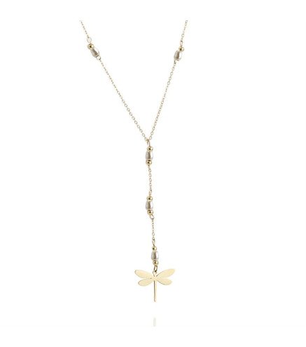 Gold stainless steel necklace with crystal, falling white dragonfly