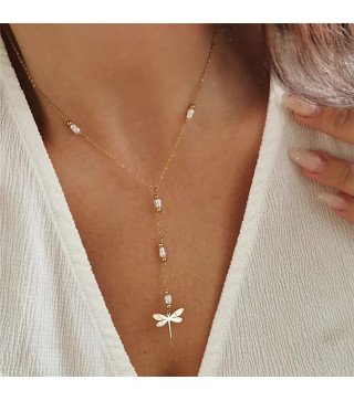 Collier en acier inoxydable doré avec cristal, libellule blanche tombante