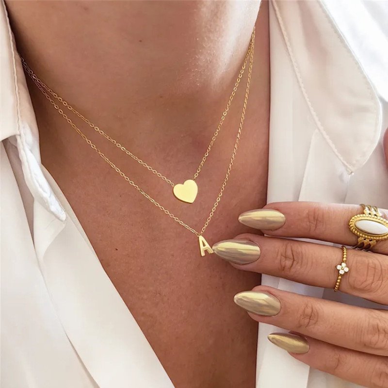 Double Necklace 'Letter A & Heart' Gold Plated with 14k Gold