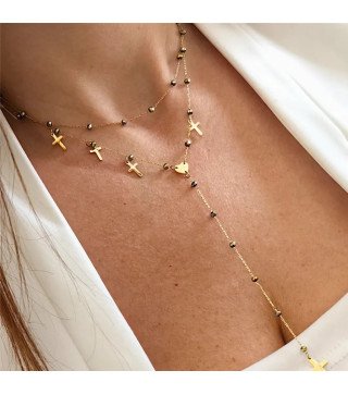 Gold Stainless Steel Necklace with Double Crosses