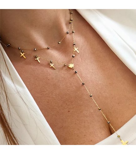 Gold Stainless Steel Necklace with Double Crosses