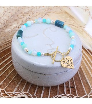 Bracelet 'Turquoise Heart' avec Pierres Turquoises, Plaqué Or 14k