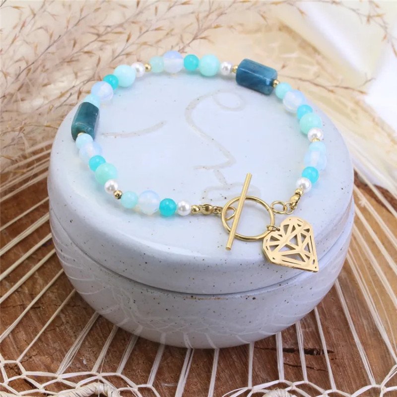 Bracelet 'Turquoise Heart' avec Pierres Turquoises, Plaqué Or 14k