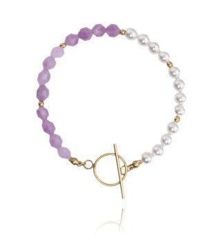 Bracelet 'Pearl & Violet' avec Perles et Pierres Violettes, Plaqué Or 14k