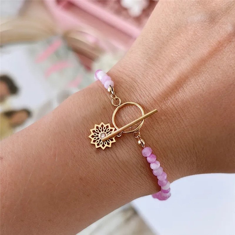 Bracelet 'Rosette' avec Pierres Roses, Plaqué Or 14k