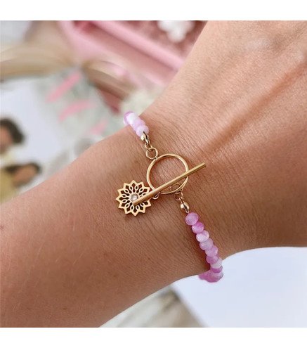 Bracelet 'Rosette' avec Pierres Roses, Plaqué Or 14k