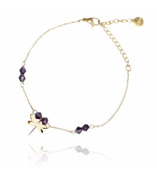 Bracelet 'Libelle Violet' avec Pierres Noires, Plaqué Or 14k