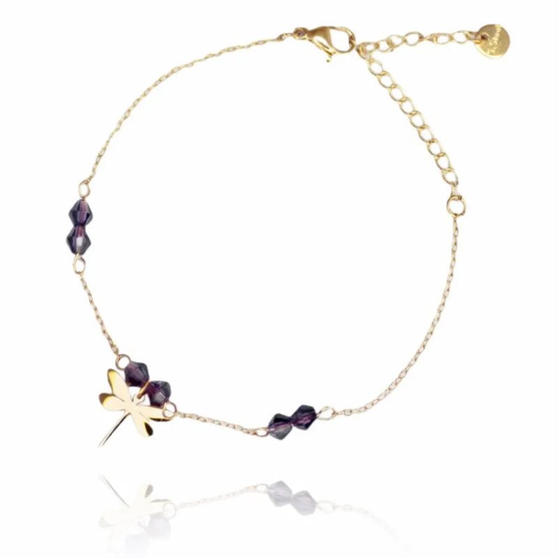 Bracelet 'Libelle Violet' avec Pierres Noires, Plaqué Or 14k Bracelet 'Libelle Violet' avec Pierres Noires, Plaqué Or 14k