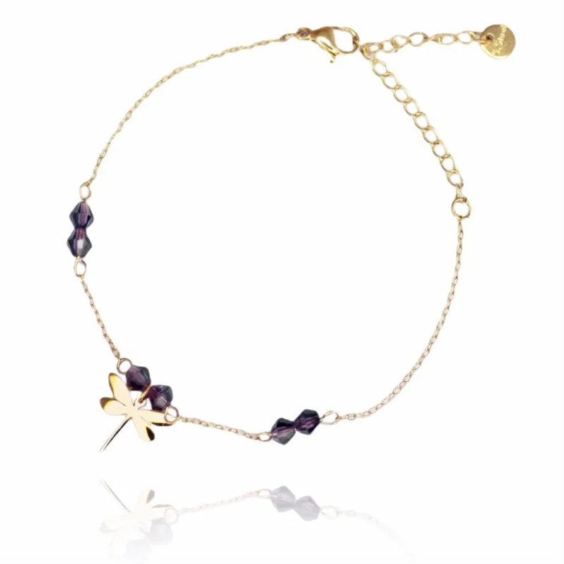 Armband 'Libelle Violet' mit Schwarzen Steinen, Vergoldet mit 14k Gold