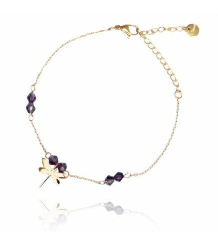 Bracelet 'Libelle Violet' avec Pierres Noires, Plaqué Or 14k