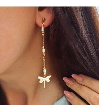 Boucles d'oreilles 'Libellen' avec Perles, Plaqué Or 14k