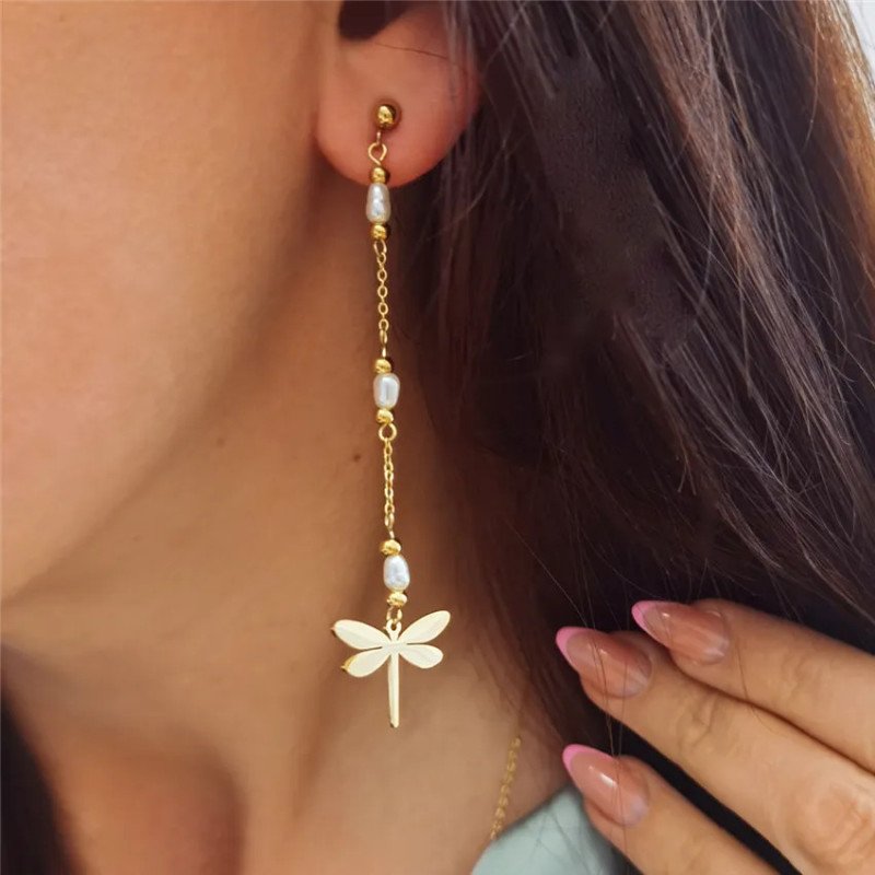 Boucles d'oreilles 'Libellen' avec Perles, Plaqué Or 14k
