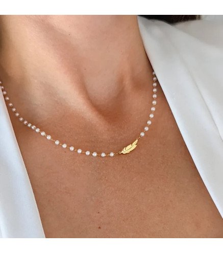 Collier en acier inoxydable FEATHER perles blanc or