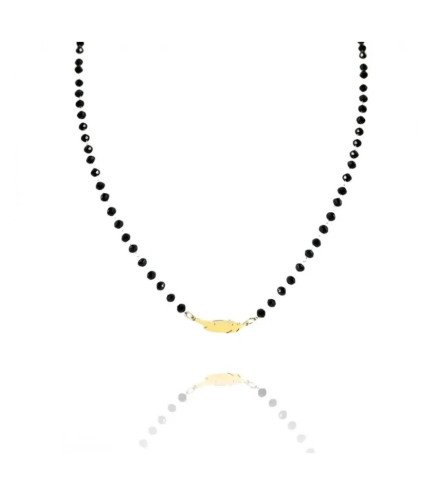 Collier 'Feather' avec Perles Noires, Plaqué Or 14k